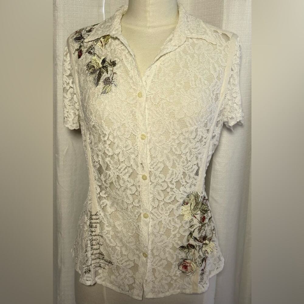 3J Workshop Button Down Ivory Lace Blouse with Floral Details